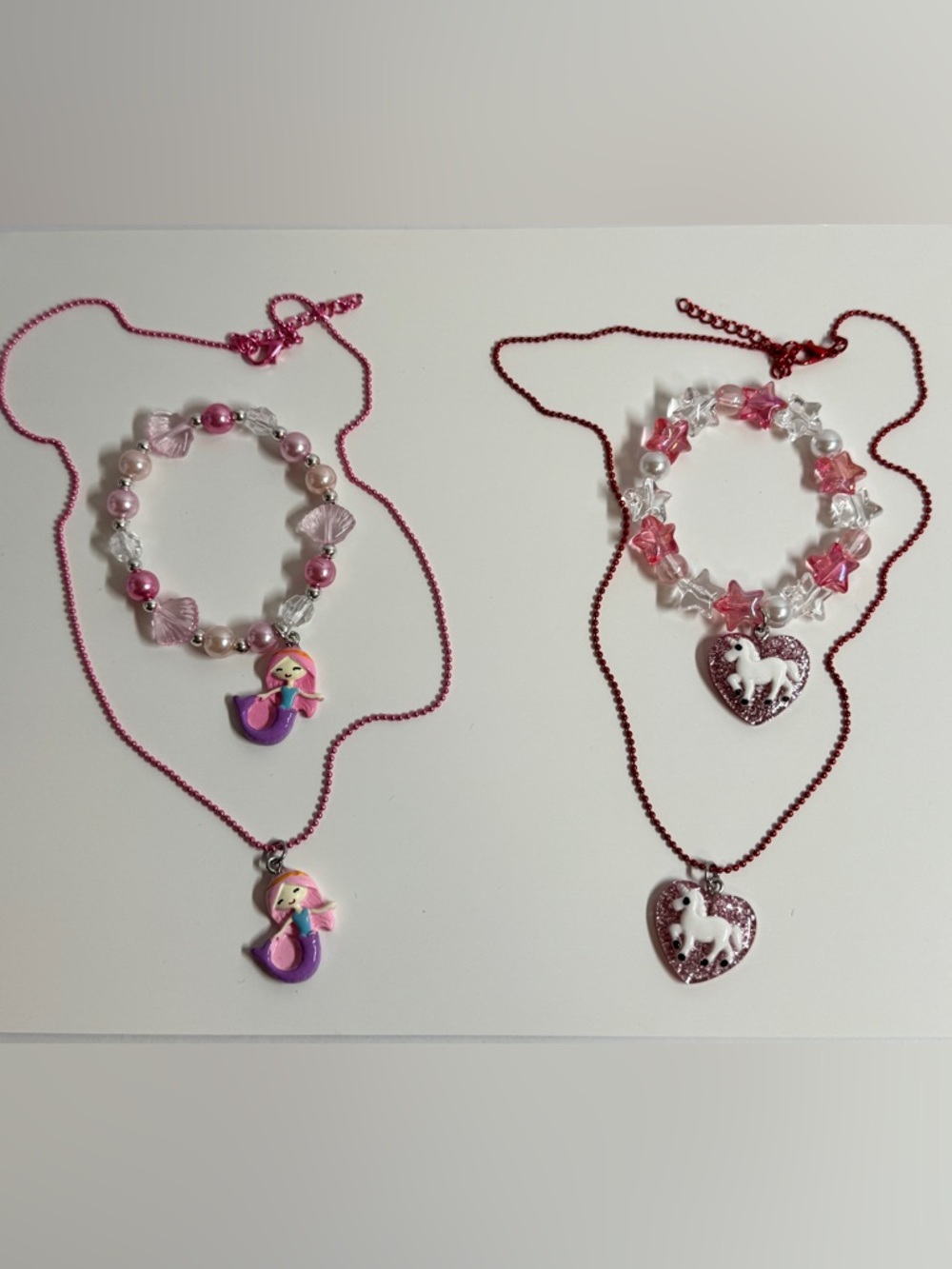 Pink Mermaid and Unicorn Kids Necklace Set - Pink, Purple, White